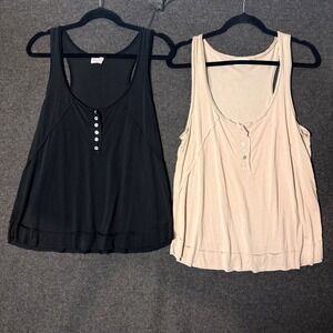 Womens L Henley Tank Top Black Tan Lightweight Minimal Casual Bundle Set of 2